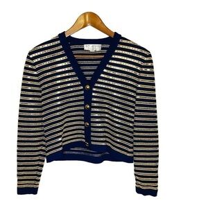 St John Collection Navy/Royal Blue Gold Striped Sweater Cardigan Size P Small
